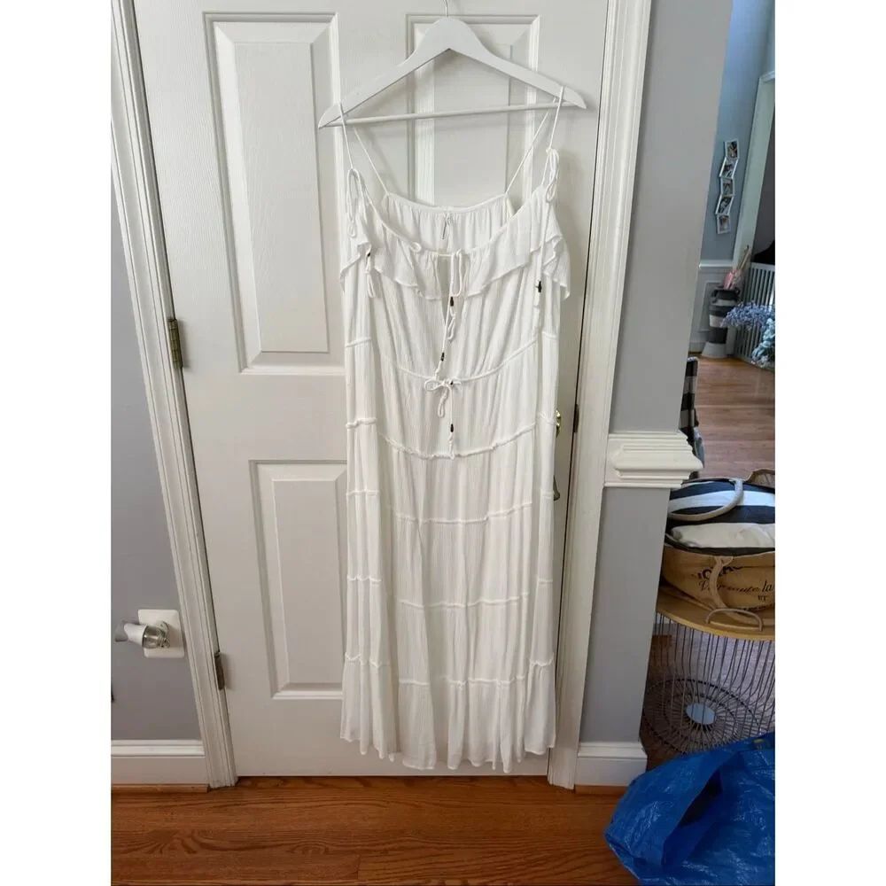 Anthropologie White Tiered Shoulder Tie Gauzy Dress sz 2X EUC